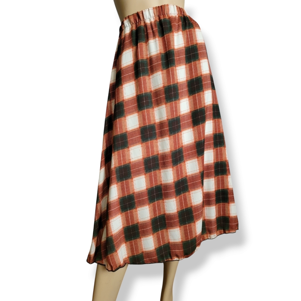Casa Lee Rust Orange, Green & White Large Plaid Midi Skirt